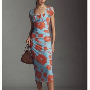 Maeve Puff-Sleeve Square-Neck Mesh Sky Blue and Coral Floral Midi Dress